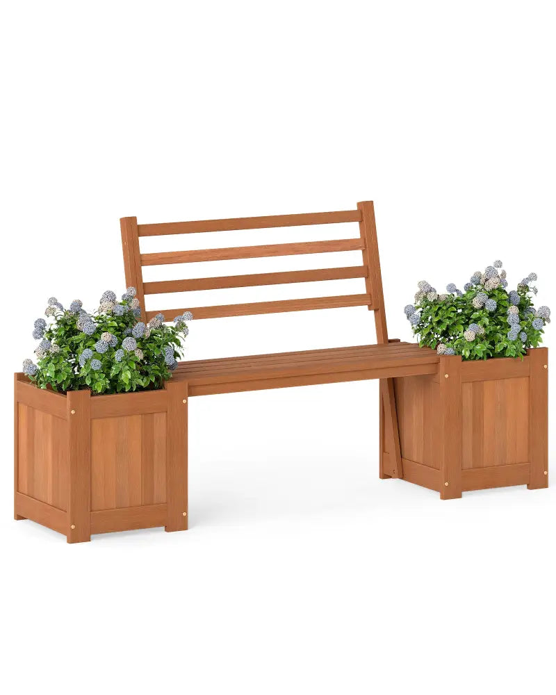 Wood Planter Box with Bench and Backrest for Garden Yard Balcony - Natural - Raised Garden Beds