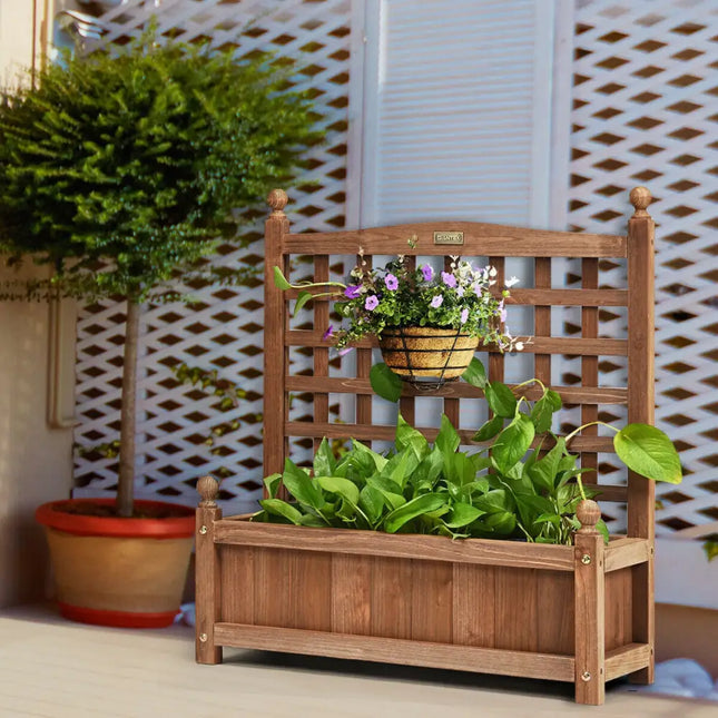 Wood Planter Box with Trellis Weather-resistant Outdoor - Brown - Raised Garden Beds