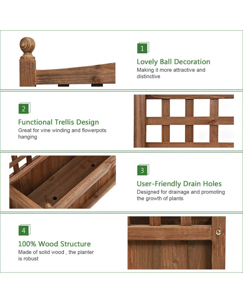 Wood Planter Box with Trellis Weather-resistant Outdoor - Brown - Raised Garden Beds