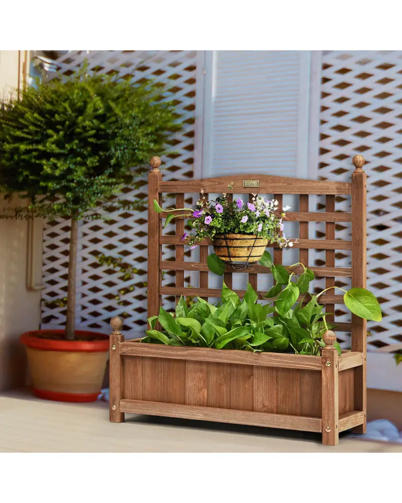 Wood Planter Box with Trellis Weather-resistant Outdoor - Brown - Raised Garden Beds