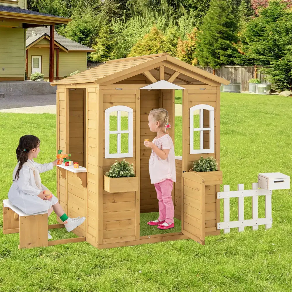 Wood Playhouse with Bench and Serving Stations for 2+ Years Old Kids - Play Tents & Playhouse
