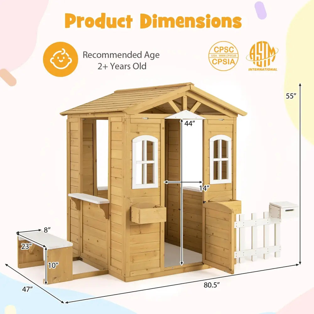Wood Playhouse with Bench and Serving Stations for 2+ Years Old Kids - Play Tents & Playhouse