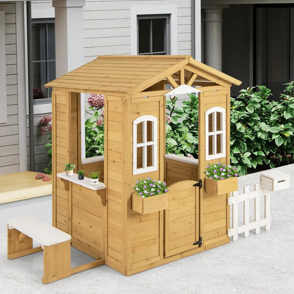 Wood Playhouse with Bench and Serving Stations for 2+ Years Old Kids - Play Tents & Playhouse