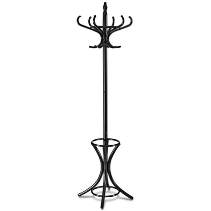 Wood Standing Hat Coat Rack w/ Umbrella Stand-Black - Black - Coat Racks & Hall Trees