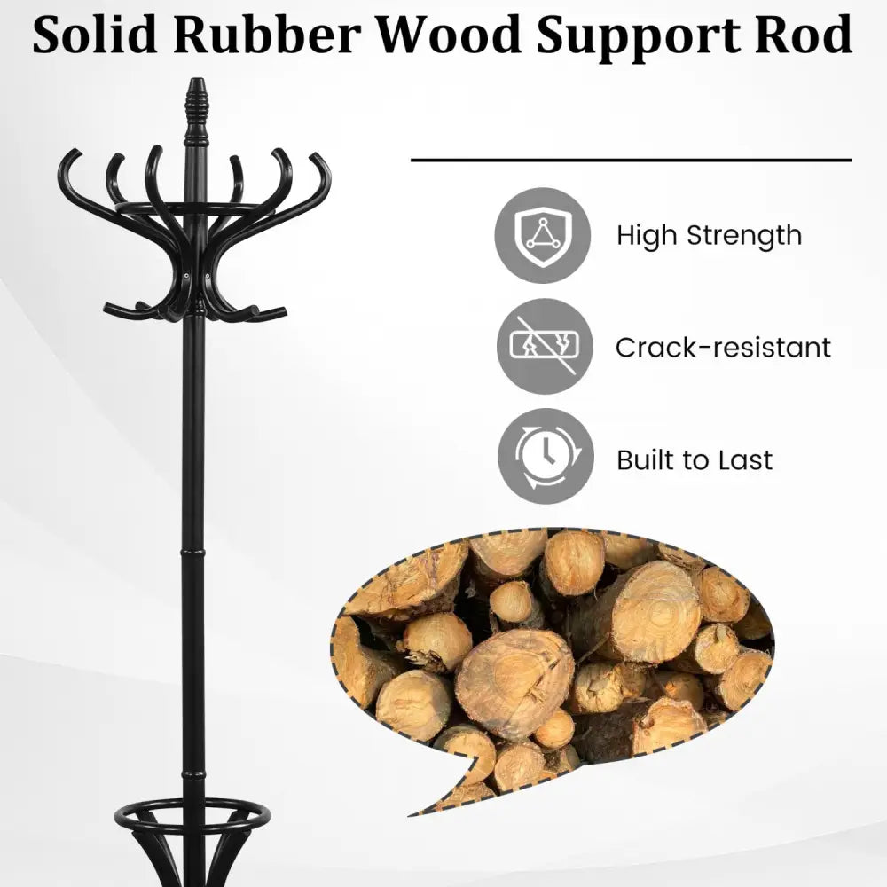 Wood Standing Hat Coat Rack with Umbrella Stand-Black - Black - Coat Racks & Hall Trees