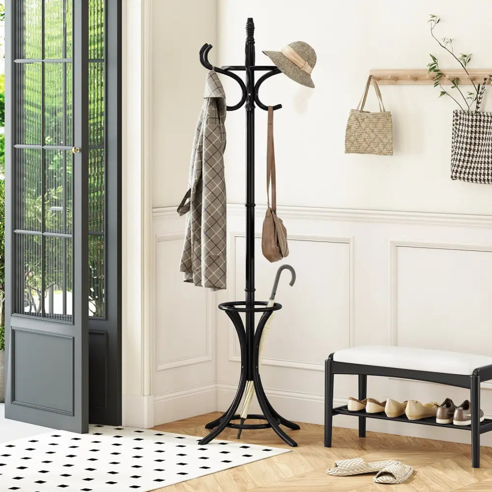 Wood Standing Hat Coat Rack with Umbrella Stand-Black - Black - Coat Racks & Hall Trees