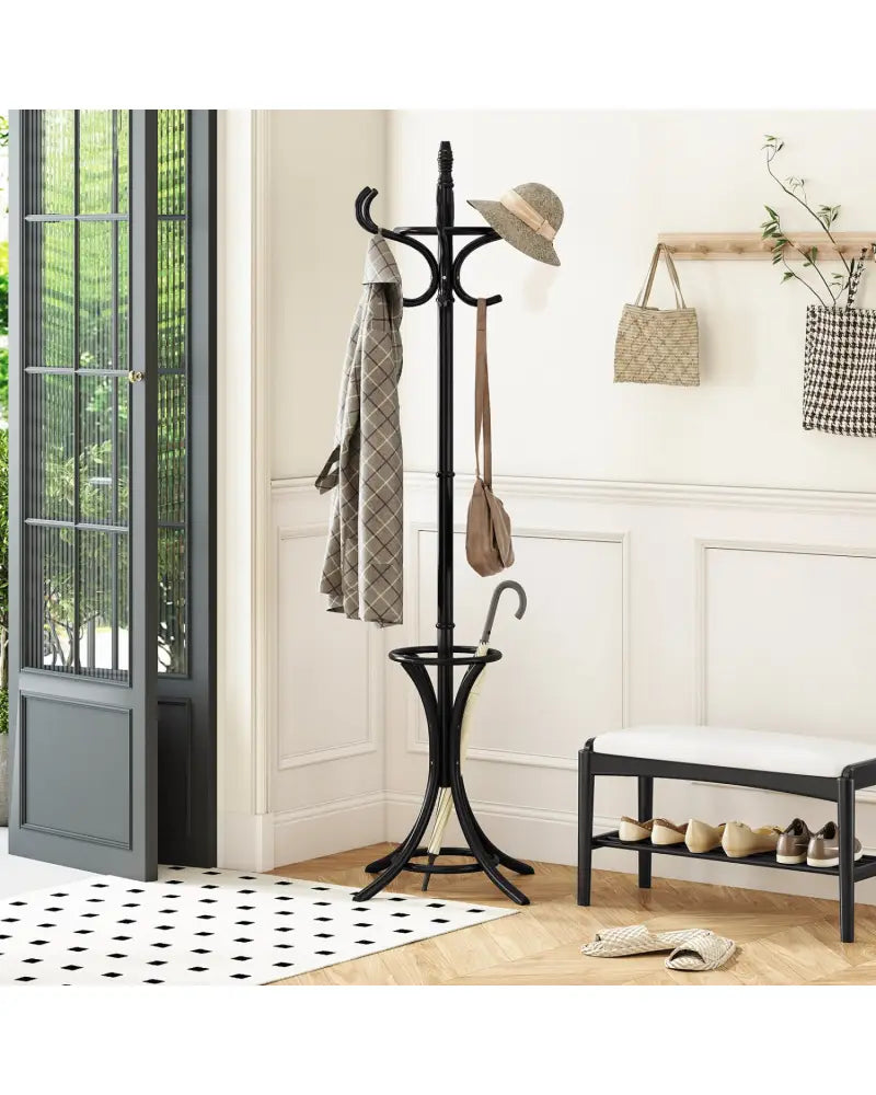 Wood Standing Hat Coat Rack with Umbrella Stand-Black - Black - Coat Racks & Hall Trees
