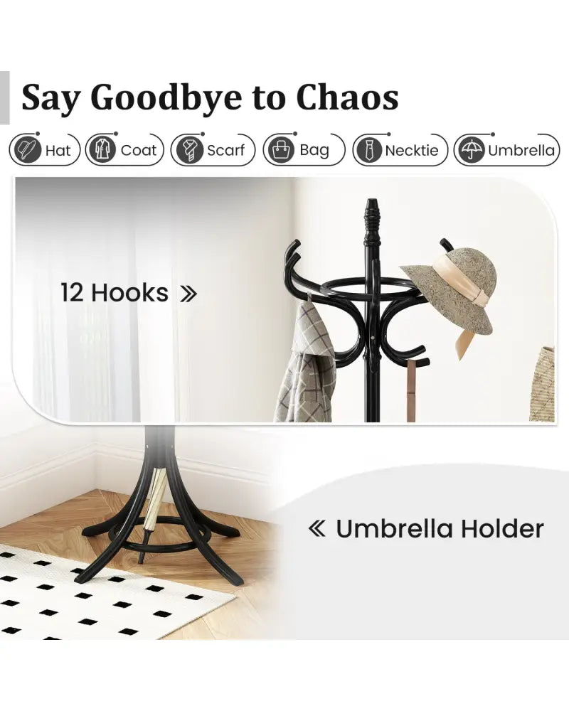 Wood Standing Hat Coat Rack with Umbrella Stand-Black - Black - Coat Racks & Hall Trees