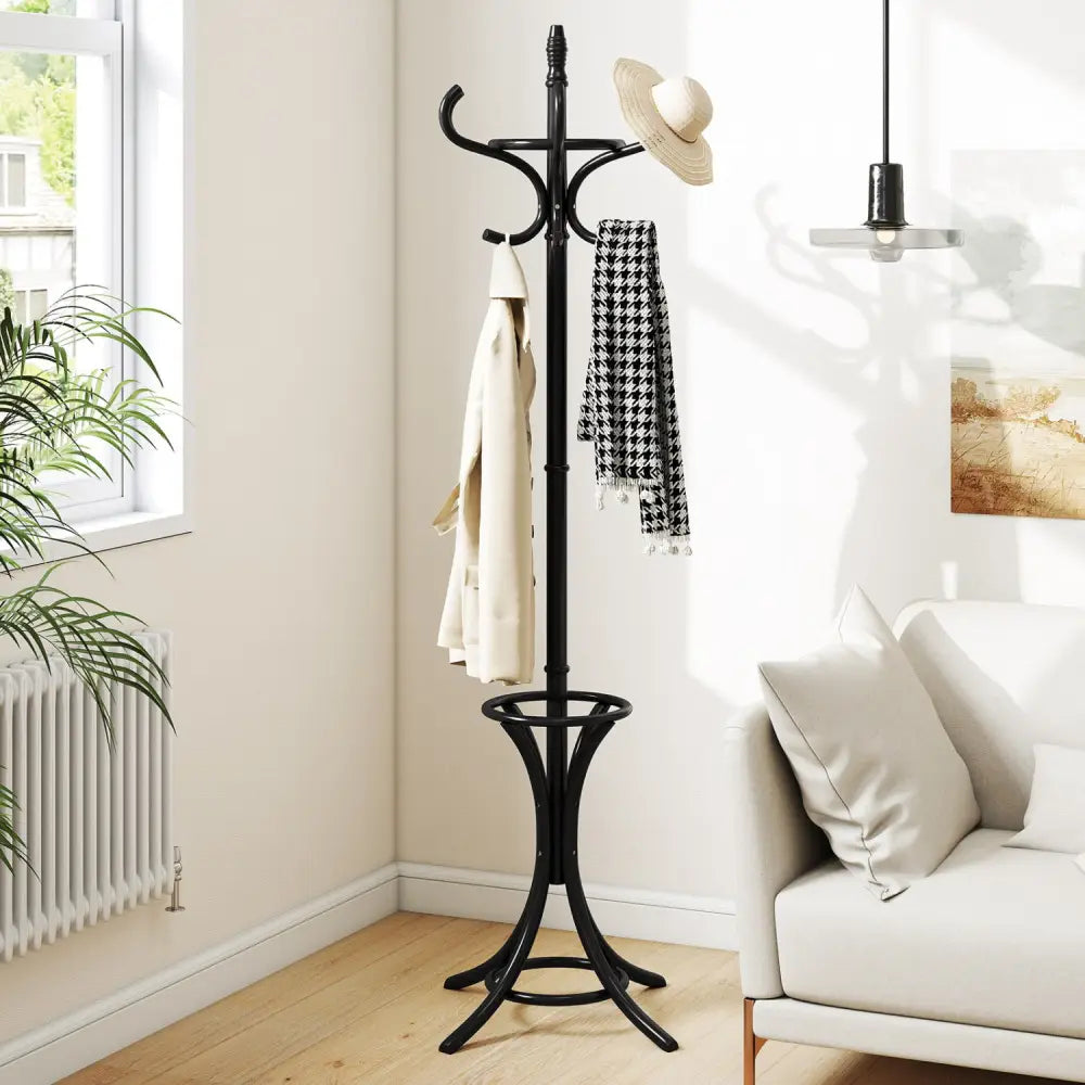 Wood Standing Hat Coat Rack with Umbrella Stand-Black - Black - Coat Racks & Hall Trees