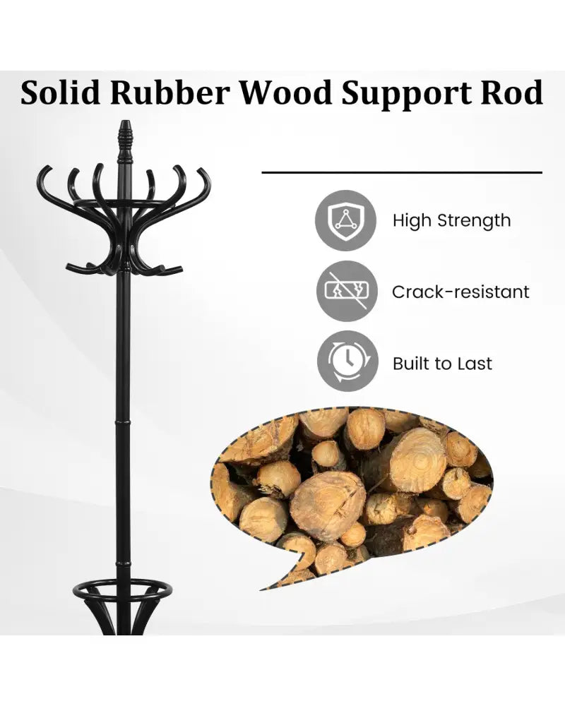 Wood Standing Hat Coat Rack with Umbrella Stand-Black - Black - Coat Racks & Hall Trees