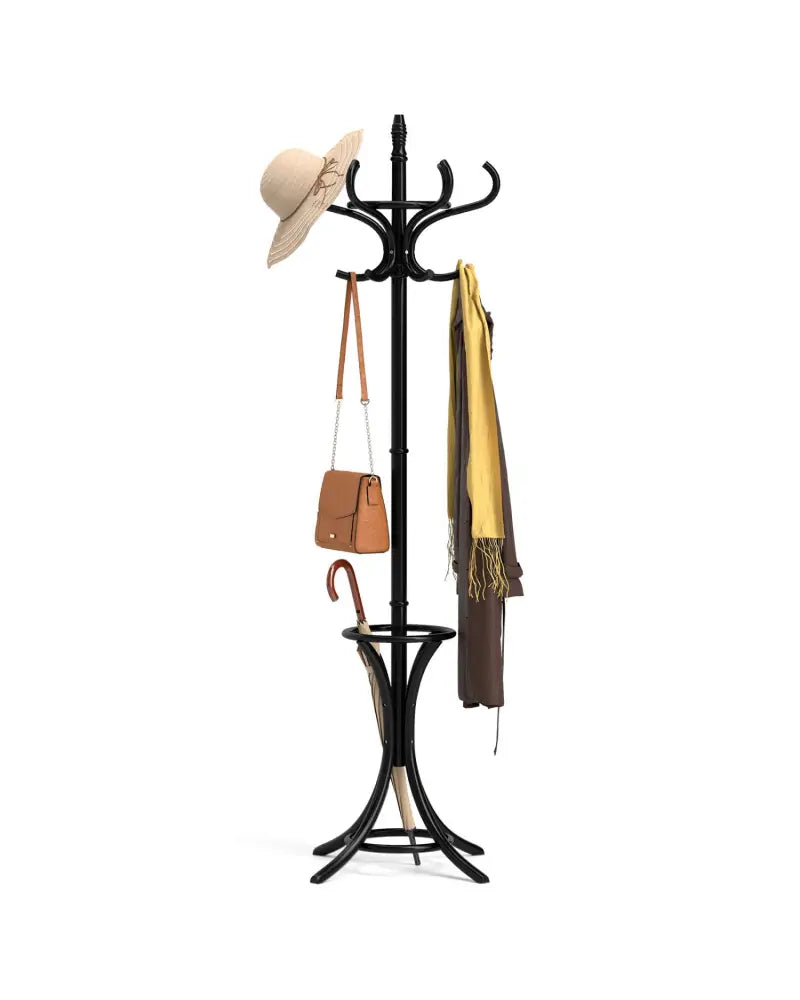 Wood Standing Hat Coat Rack with Umbrella Stand-Black - Black - Coat Racks & Hall Trees