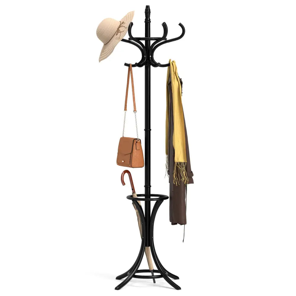 Wood Standing Hat Coat Rack with Umbrella Stand-Black - Black - Coat Racks & Hall Trees
