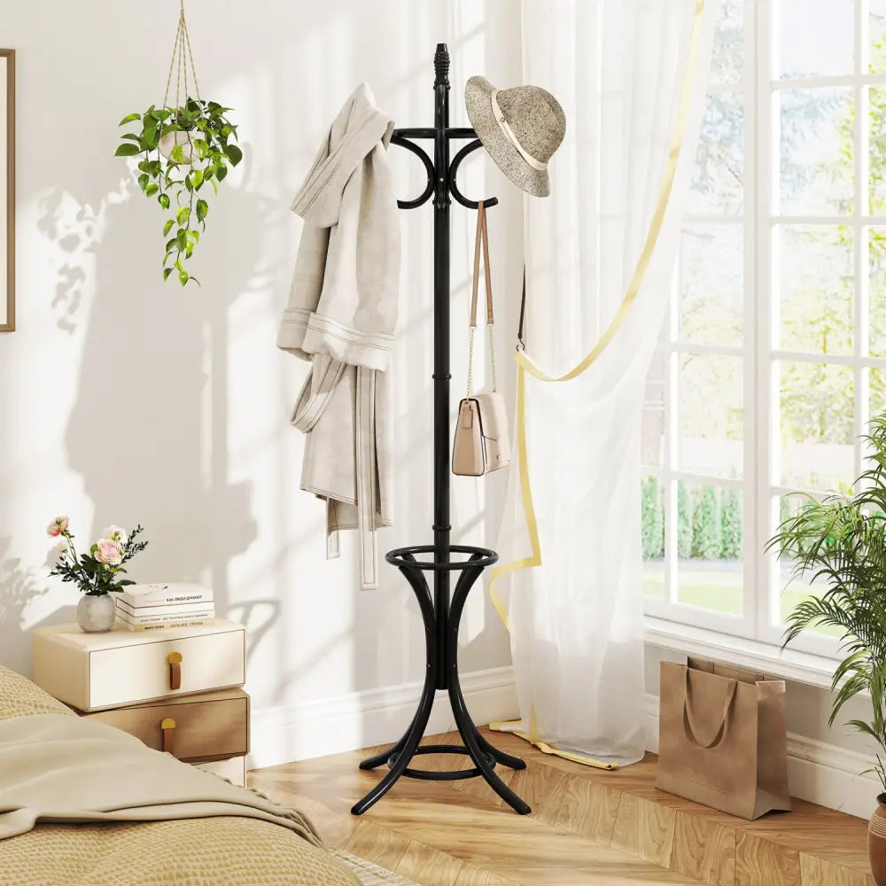 Wood Standing Hat Coat Rack with Umbrella Stand-Black - Black - Coat Racks & Hall Trees