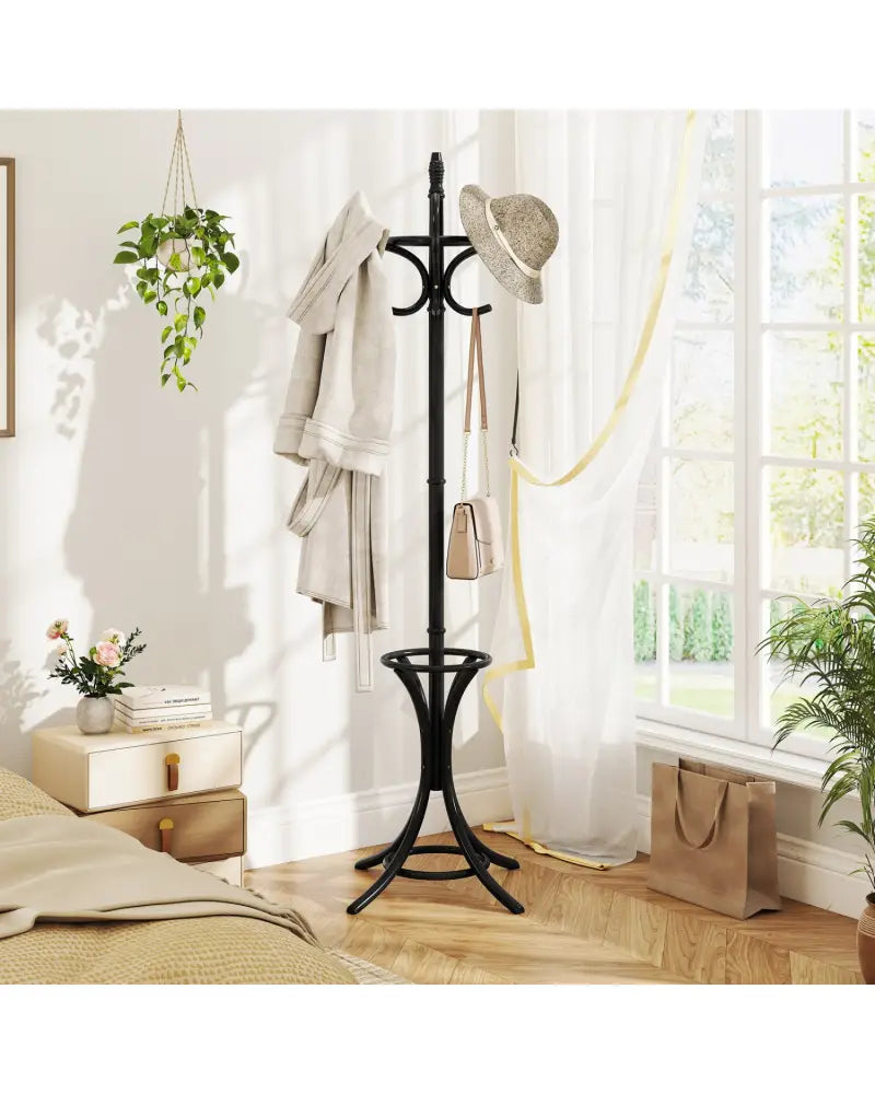 Wood Standing Hat Coat Rack with Umbrella Stand-Black - Black - Coat Racks & Hall Trees