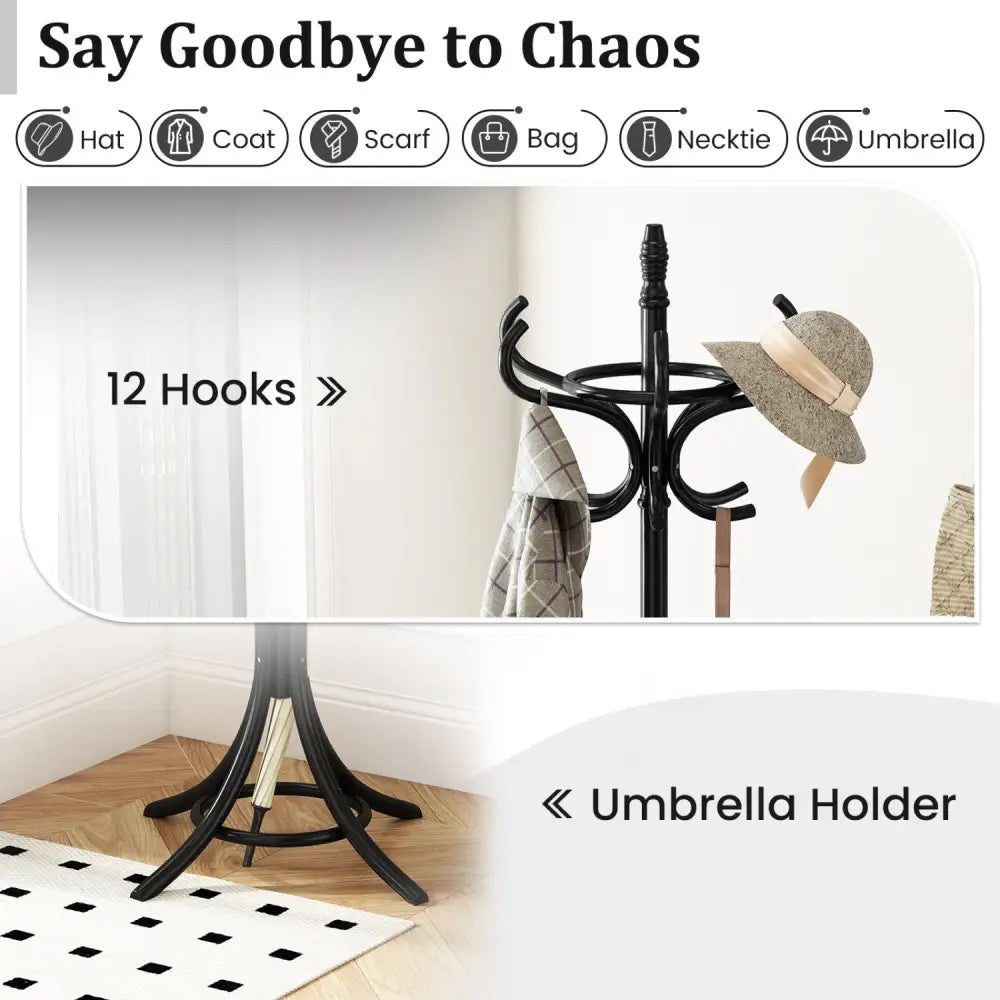 Wood Standing Hat Coat Rack with Umbrella Stand-Black - Black - Coat Racks & Hall Trees