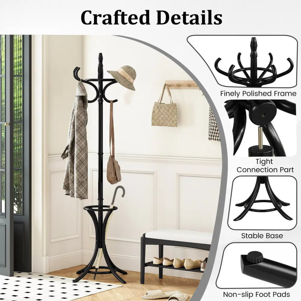 Wood Standing Hat Coat Rack with Umbrella Stand-Black - Black - Coat Racks & Hall Trees
