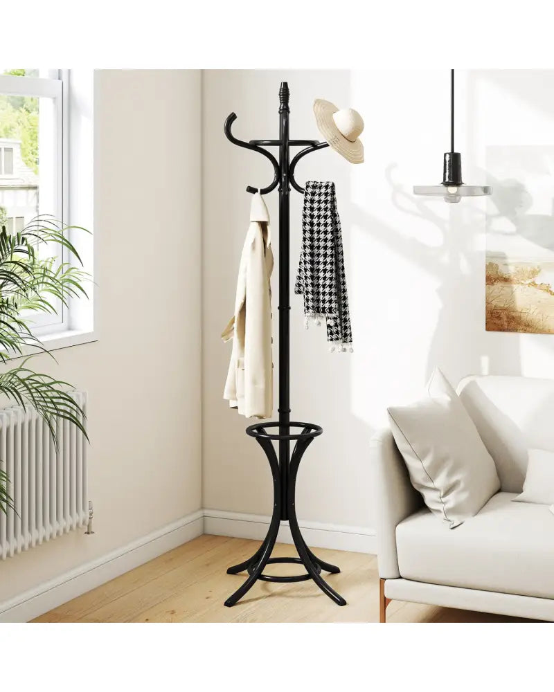 Wood Standing Hat Coat Rack with Umbrella Stand-Black - Black - Coat Racks & Hall Trees