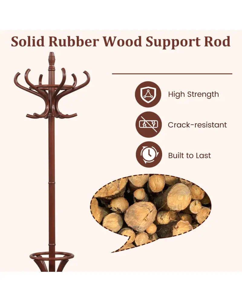 Wood Standing Hat Coat Rack with Umbrella Stand-Brown - Brown - Coat Racks & Hall Trees