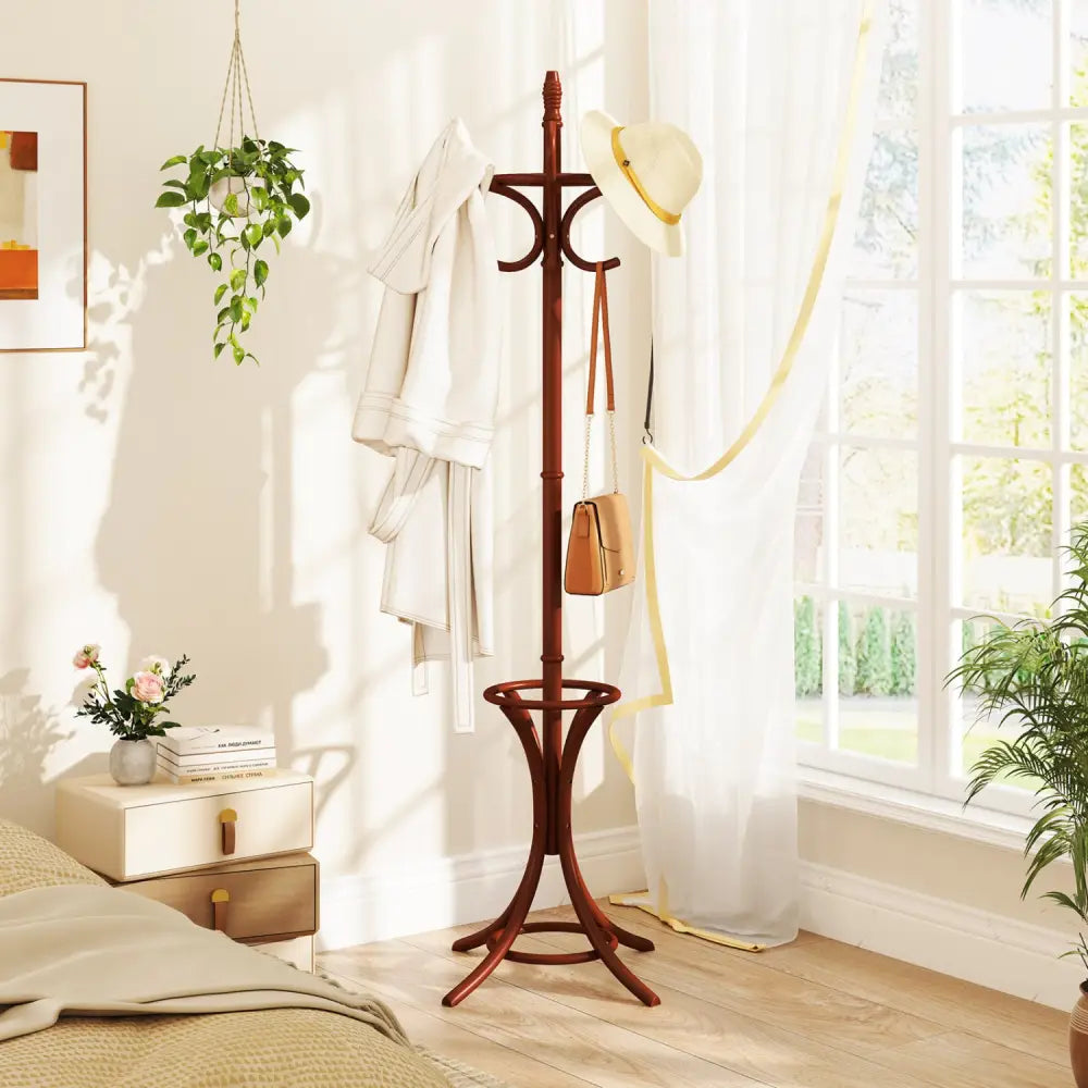 Wood Standing Hat Coat Rack with Umbrella Stand-Brown - Brown - Coat Racks & Hall Trees