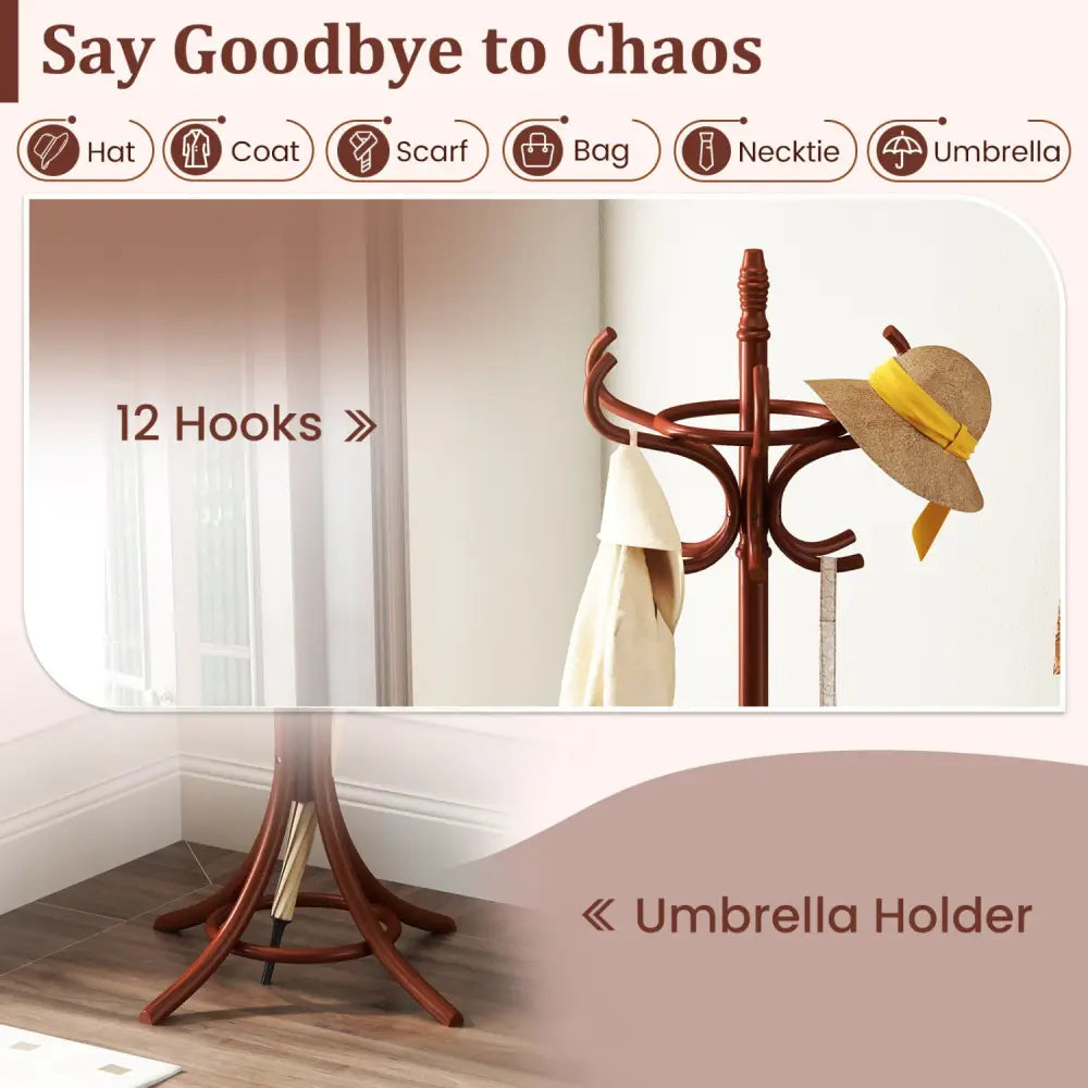 Wood Standing Hat Coat Rack with Umbrella Stand-Brown - Brown - Coat Racks & Hall Trees