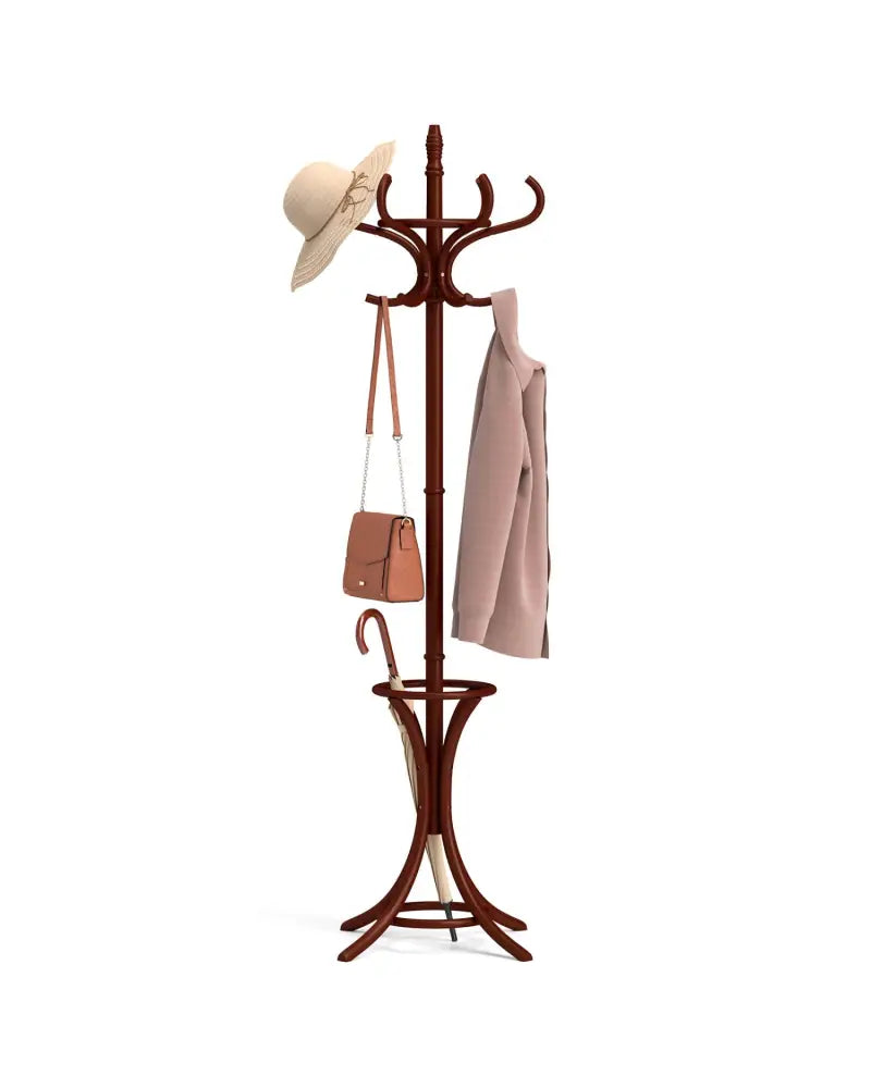 Wood Standing Hat Coat Rack with Umbrella Stand-Brown - Brown - Coat Racks & Hall Trees