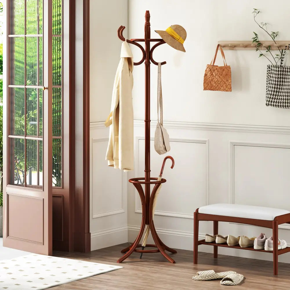Wood Standing Hat Coat Rack with Umbrella Stand-Brown - Brown - Coat Racks & Hall Trees