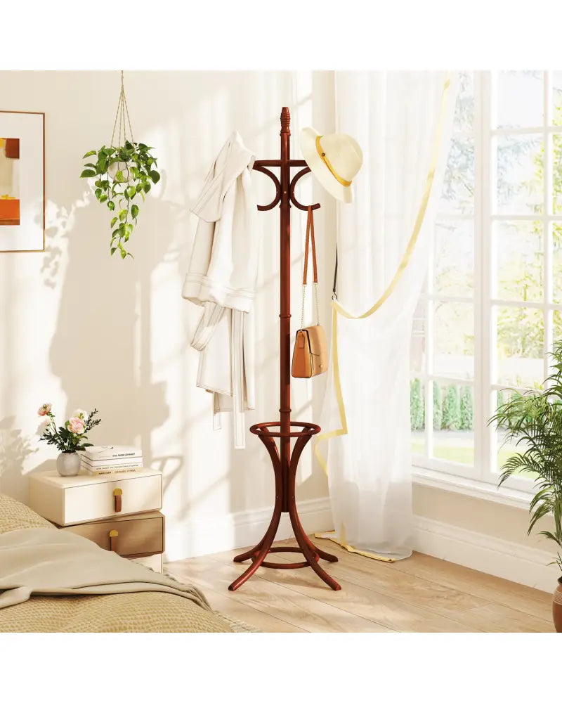 Wood Standing Hat Coat Rack with Umbrella Stand-Brown - Brown - Coat Racks & Hall Trees