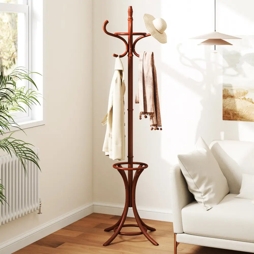 Wood Standing Hat Coat Rack with Umbrella Stand-Brown - Brown - Coat Racks & Hall Trees