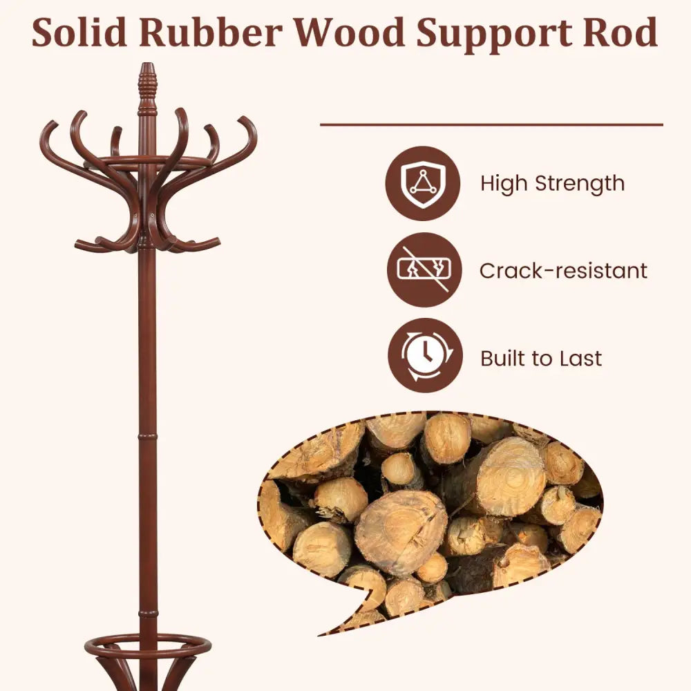 Wood Standing Hat Coat Rack with Umbrella Stand-Brown - Brown - Coat Racks & Hall Trees