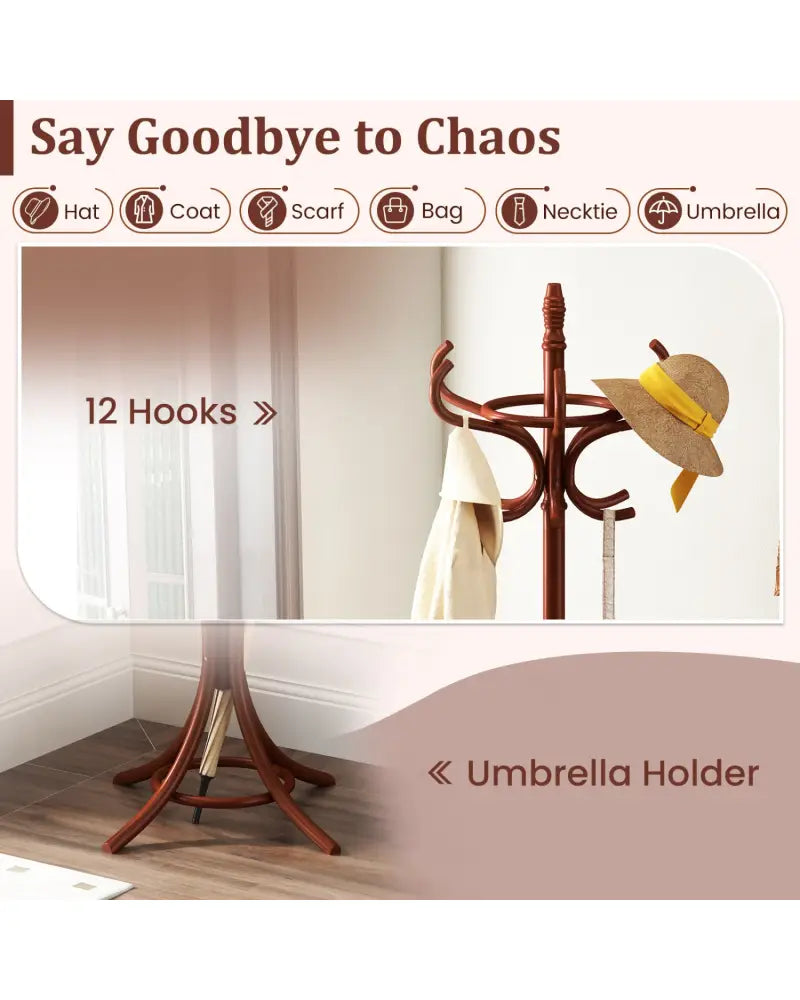 Wood Standing Hat Coat Rack with Umbrella Stand-Brown - Brown - Coat Racks & Hall Trees
