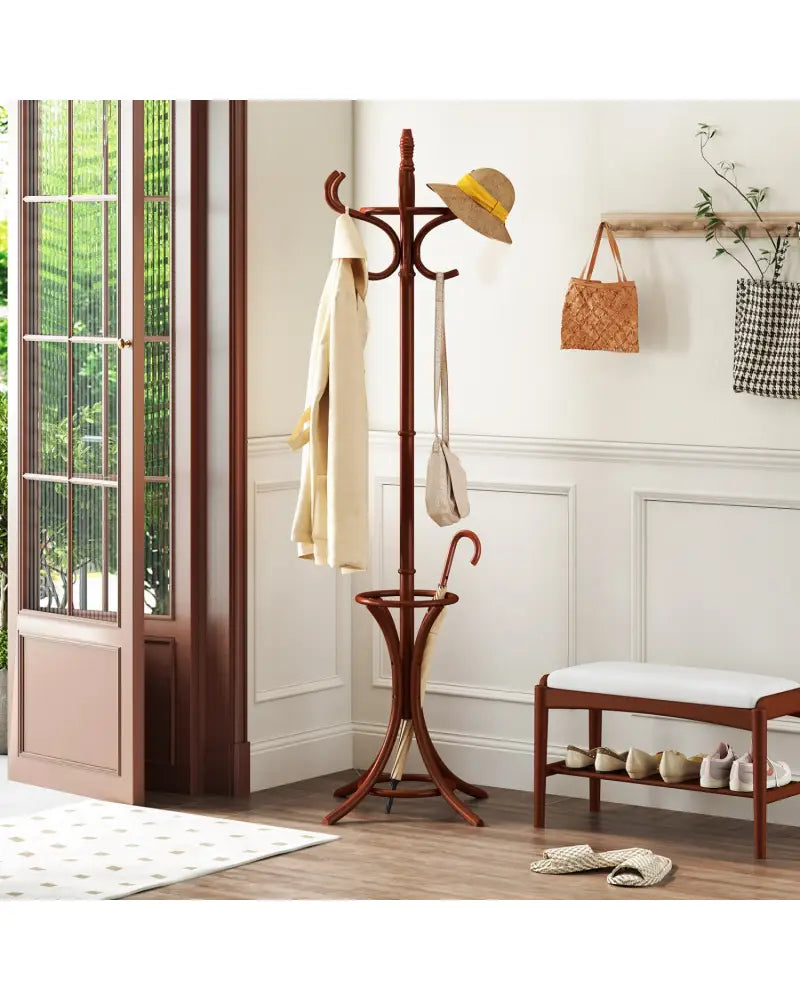 Wood Standing Hat Coat Rack with Umbrella Stand-Brown - Brown - Coat Racks & Hall Trees
