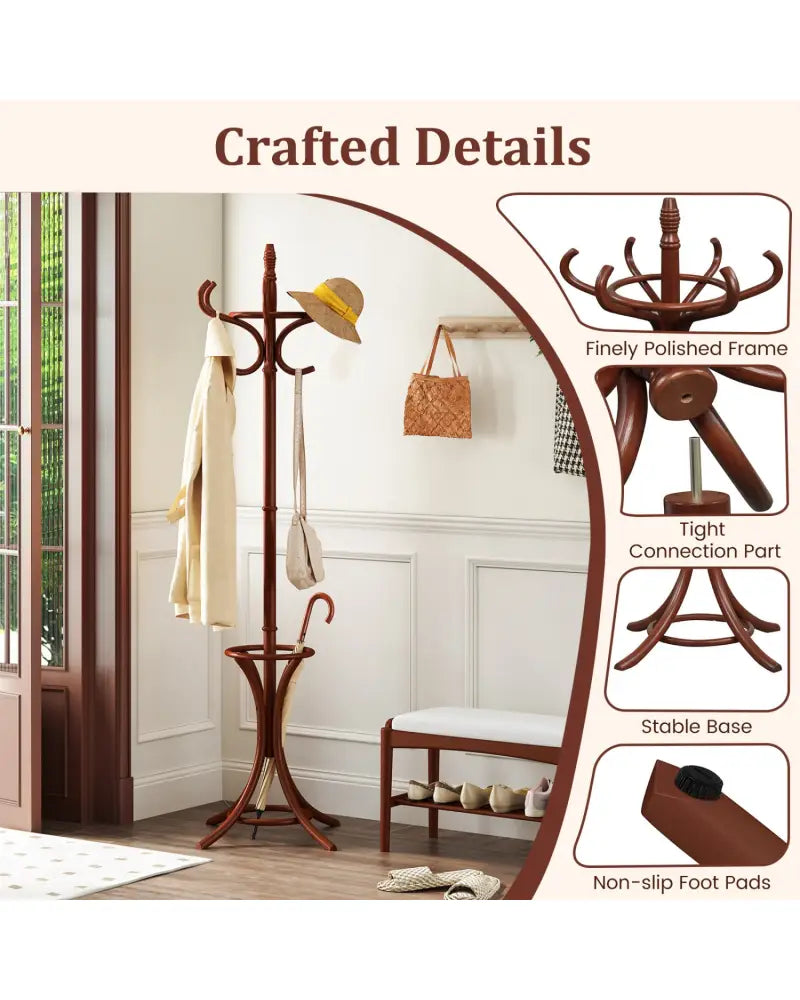 Wood Standing Hat Coat Rack with Umbrella Stand-Brown - Brown - Coat Racks & Hall Trees