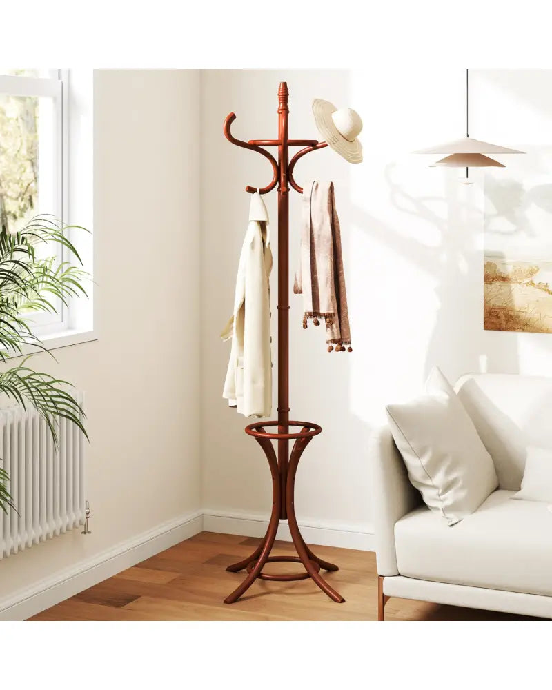 Wood Standing Hat Coat Rack with Umbrella Stand-Brown - Brown - Coat Racks & Hall Trees