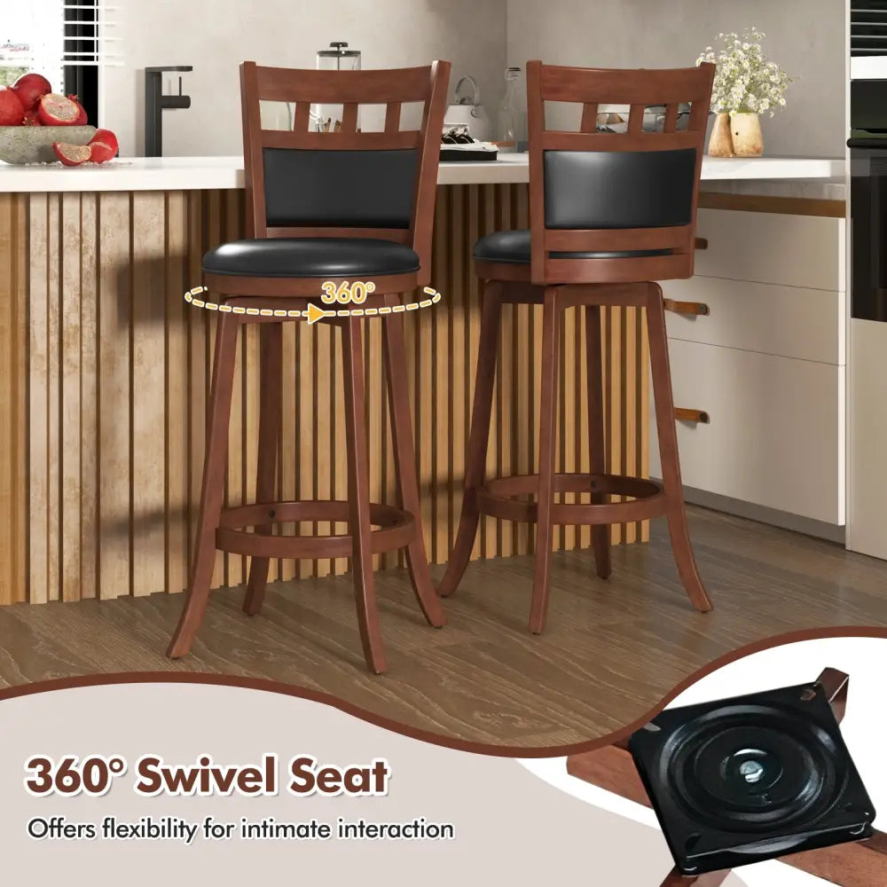 Wood Swivel Bar Stools Set of 2 with Faux Leather Upholstered Seat and Back-Brown - Brown - Bar Stools