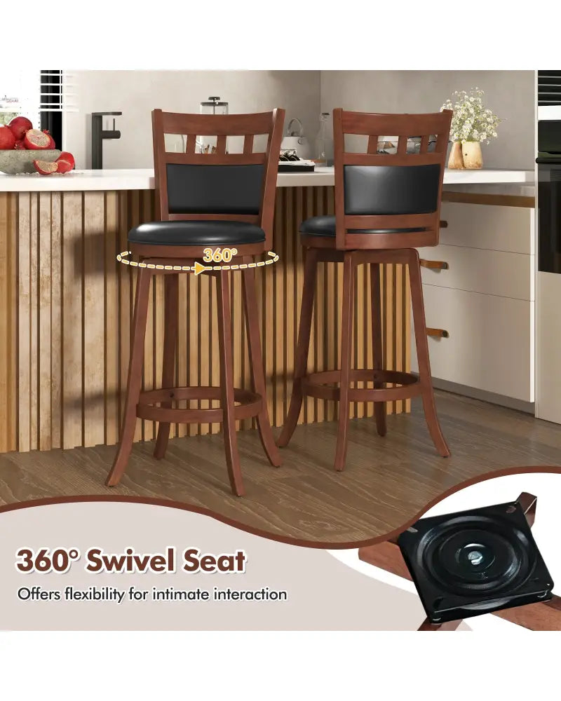 Wood Swivel Bar Stools Set of 2 with Faux Leather Upholstered Seat and Back-Brown - Brown - Bar Stools