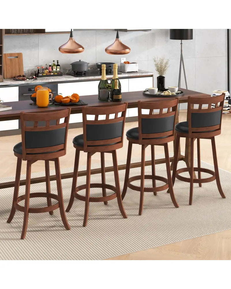 Wood Swivel Bar Stools Set of 2 with Faux Leather Upholstered Seat and Back-Brown - Brown - Bar Stools