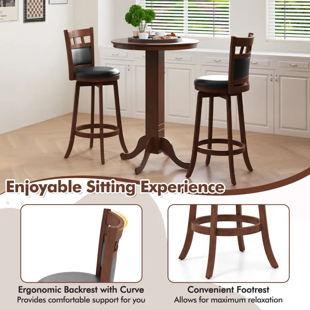 Wood Swivel Bar Stools Set of 2 with Faux Leather Upholstered Seat and Back-Brown - Brown - Bar Stools