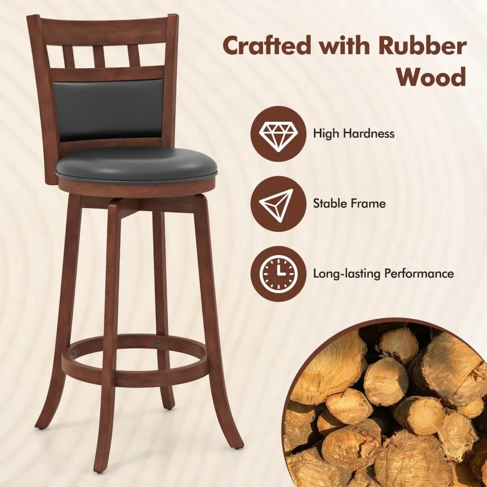Wood Swivel Bar Stools Set of 2 with Faux Leather Upholstered Seat and Back-Brown - Brown - Bar Stools