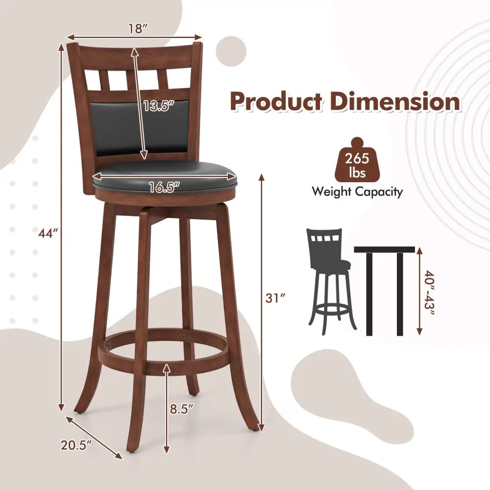 Wood Swivel Bar Stools Set of 2 with Faux Leather Upholstered Seat and Back-Brown - Brown - Bar Stools