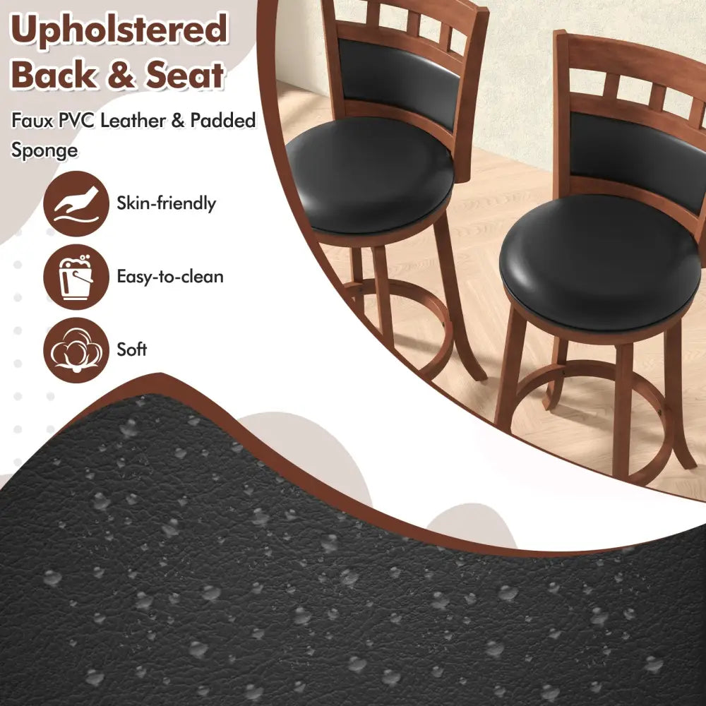 Wood Swivel Bar Stools Set of 2 with Faux Leather Upholstered Seat and Back-Brown - Brown - Bar Stools