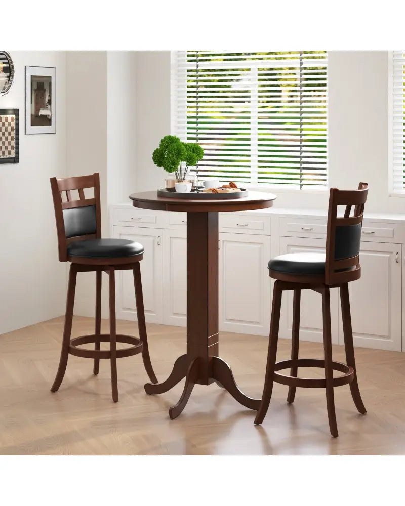 Wood Swivel Bar Stools Set of 2 with Faux Leather Upholstered Seat and Back-Brown - Brown - Bar Stools