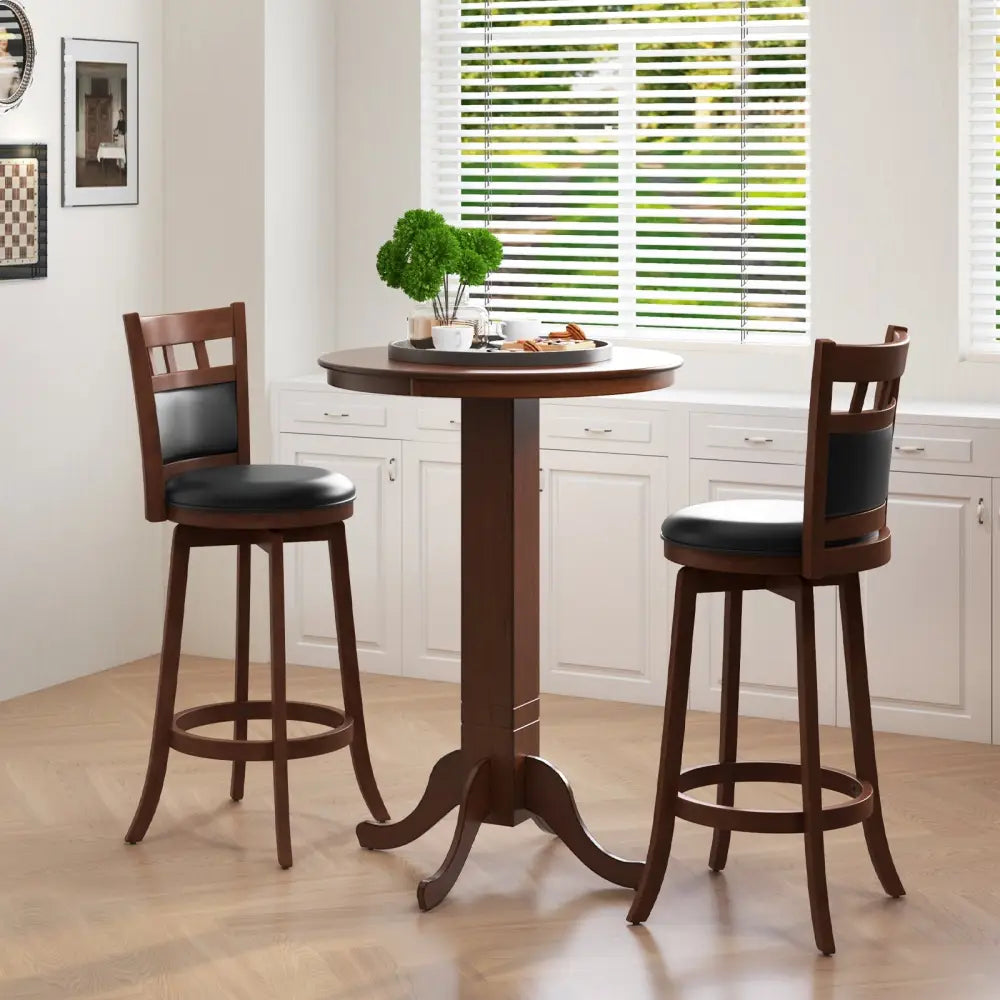 Wood Swivel Bar Stools Set of 2 with Faux Leather Upholstered Seat and Back-Brown - Brown - Bar Stools