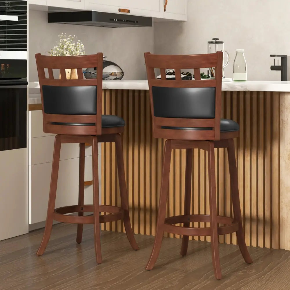 Wood Swivel Bar Stools Set of 2 with Faux Leather Upholstered Seat and Back-Brown - Brown - Bar Stools