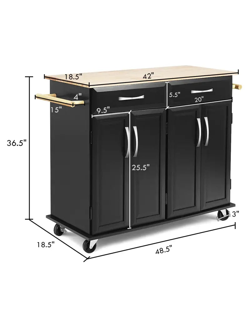 Wood Top Rolling Kitchen Trolley Island Cart Storage Cabinet-Black - Black - Kitchen Islands & Carts