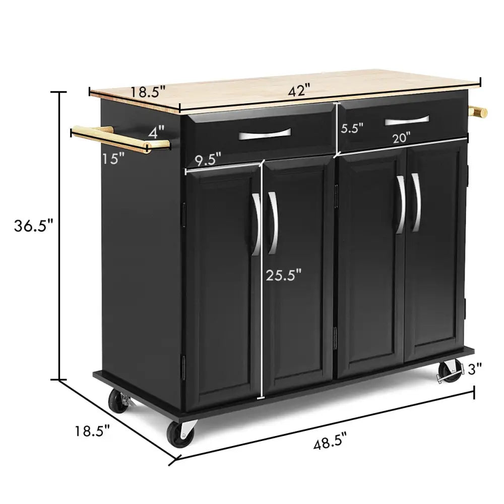 Wood Top Rolling Kitchen Trolley Island Cart Storage Cabinet-Black - Black - Kitchen Islands & Carts