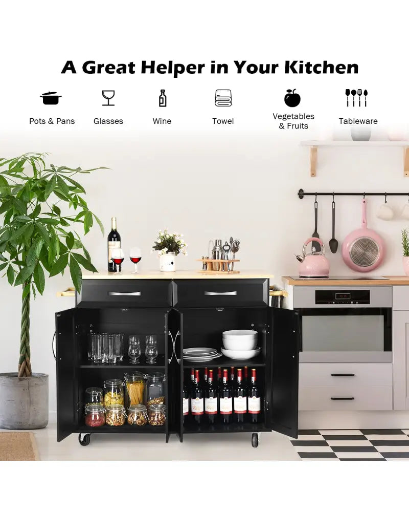 Wood Top Rolling Kitchen Trolley Island Cart Storage Cabinet-Black - Black - Kitchen Islands & Carts