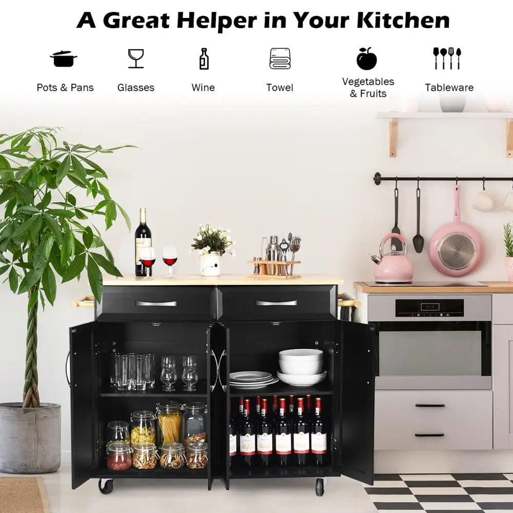 Wood Top Rolling Kitchen Trolley Island Cart Storage Cabinet-Black - Black - Kitchen Islands & Carts