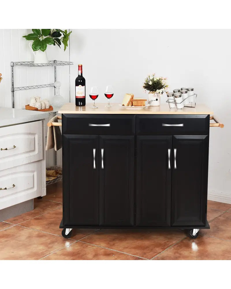 Wood Top Rolling Kitchen Trolley Island Cart Storage Cabinet-Black - Black - Kitchen Islands & Carts