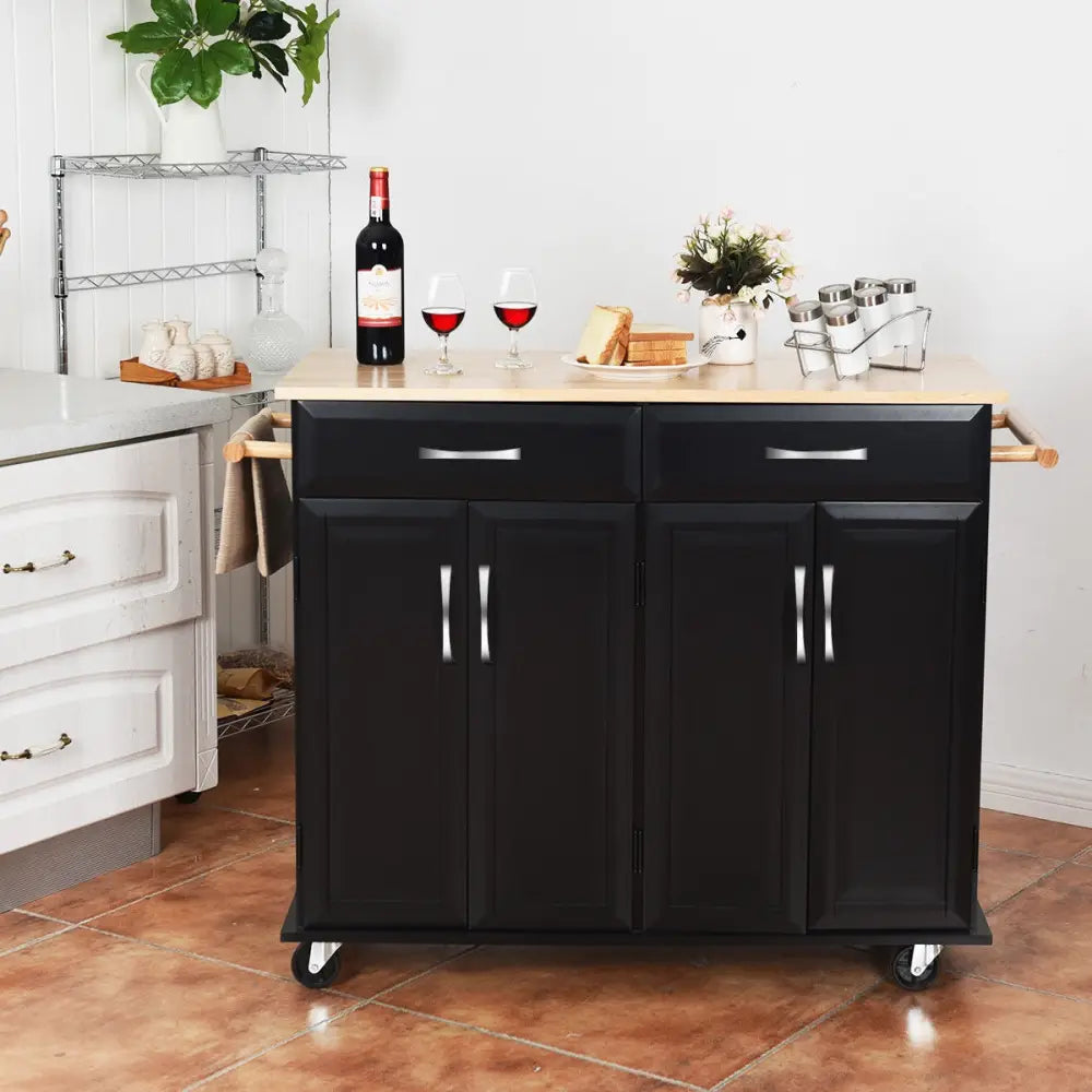Wood Top Rolling Kitchen Trolley Island Cart Storage Cabinet-Black - Black - Kitchen Islands & Carts