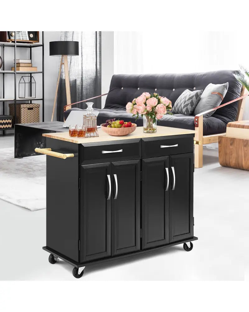 Wood Top Rolling Kitchen Trolley Island Cart Storage Cabinet-Black - Black - Kitchen Islands & Carts